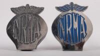 NRMA: Two 'National Roads and Motorists Association' grill badges, in metal by Precision Badges and plastic (blue ground) by Astor Base Metals, each 7.5cm high