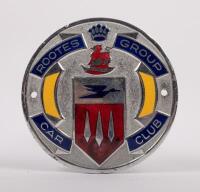 ROOTES: A circa 1950s Rootes Group Car Club (Victoria) enamel grill badge, produced by Stokes & Sons Melbourne, membership number '2189' stamp to reverse, 8cm diameter