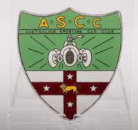 A.S.C.C/ NSW: A high quality circa 1950s Australian Sporting Car Club (NSW) heavy enamel shield form badge, with membership number '21' stamped to reverse, 9.5cm high.