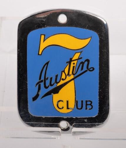 AUSTIN 7: An Austin 7 club grille badge, a nice chrome with enamel inlay badge, according to the description on the rear dated late 1950s, manufactured by Stokes Melbourne, 5.5cm x 8cm