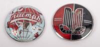 STANDARD/TRIUMPH: A pair of genuine car badges, first&nbsp;badge is from a Standard motor vehicle, convex design, 6 cm in diameter, second badge is from a Triumph motor vehicle, convex design showing the Triumph world logo, 6 cm in diameter, both badges have a