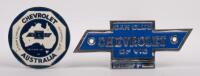 CHEVROLET: A pair of Chevrolet club grille badges, first is Chev car club of Victoria, cut to shape of a bowtie, 6cm x 15cm, second is V.V.C.A.A. based in N.S.W., 8 cm diameter