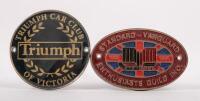 STANDARD/VANGUARD/TRIUMPH: A pair of grille badges, first one Standard - Vanguard enthusiasts guild inc, 6cm x 9cm, secondly Triumph car club of Victoria, 7.5cm in diameter