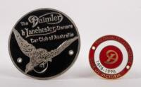 DAIMLER LANCHESTER: A pair of Daimler Lanchester grille badges, first one is enamel for the Victorian club, manufactured by Bradford badges, 5.5cm in diameter, second one is for the Australian club, manufactured by Detail badges, 9 cm in diameter&nbsp;