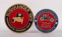 WANGARATTA&nbsp;CENTRAL AUSTRALIA: A pair of older rally badges, first one Bushranger 1979 Wangaratta national rally, 8 cm in diameter, second one motor enthusiasts club Central Australia rally, 6.5cm in diameter