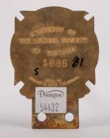 MEDICAL: A Victorian Doctors car grille badge, this enamel badge features the Rod of Asclepiuson across patt&eacute;e, has property of the medical society of Victoria and the number 1685 stamped on the rear, manufactured by Stokes and sons Melbourne, 6cm x 8cm - 2