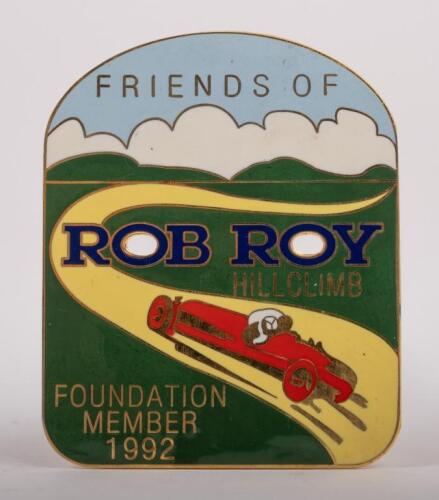 HILLCLIMB: A Rob Roy hillclimb car grille badge, a special commemorative release for the friends of rob roy hillclimb, foundation member 1992, an enamel badge, 6.5cm x 8cm