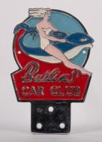 BUTLINS: An old Butlins car club grille badge, c1960's, Butlins is a chain of seaside resorts in the UK, the image on the badge is of a girl riding a dolphin, 9.5cm x 14cm