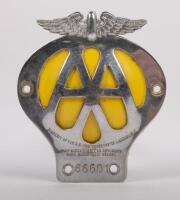 AA ENGLAND: An automobile association of England, vintage car grille badge, member number 66601 stamped on the front, c1960s, 9.5cm x 11cm