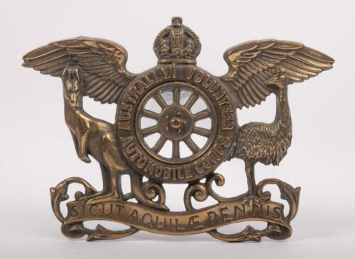 A.V.A.C.: An Australian volunteer automobile corps grille badge, high quality reproduction brass badge, 12.5cm x 17cm