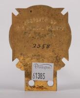 MEDICAL: A circa 1950s Victorian doctors car grille badge enamelled brass, featuring the Rod of Asclepiuson across patt&eacute;e, made by Stokes & Sons of Melbourne, with member number '2558' engraved at rear and further embossed: PROPERTY OF THE MEDICAL SOCIETY - 2