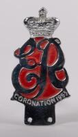 ROYALTY: A chrome enamel 'ER - Coronation 1953' grille badge with crown finial, 13.5cm high, 6.5cm wide