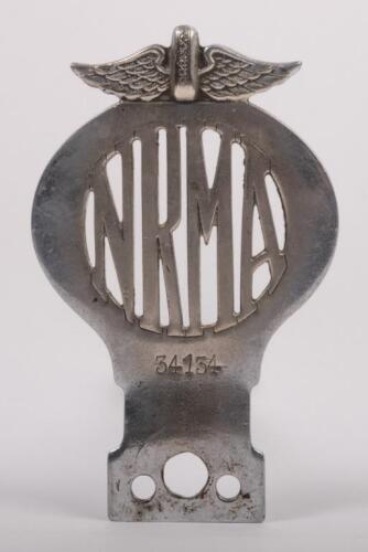NRMA: An early chrome NRMA members grille badge, numbered '34134' to lower front, 14.5cm high, 9cm wide