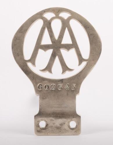 A.A U.K: An early Automobile Association United Kingdom members badge, engraved '602343' to lower front, 13.5cm high, 9.5cm wide