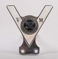 CVM: An enamel Company of Veteran Motorists members V shaped badge, with member number 32, 9.5cm high