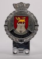 SINGAPORE: A fine detailed chrome enamel Singapore car badge made by J.R. Gaunt of London, 12cm high, 7.5cm wide
