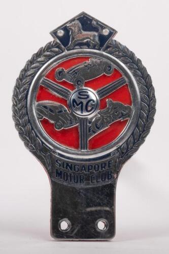 SINGAPORE: A Singapore Motor Club badge with red backplate, 10cm high, 6.5cm wide