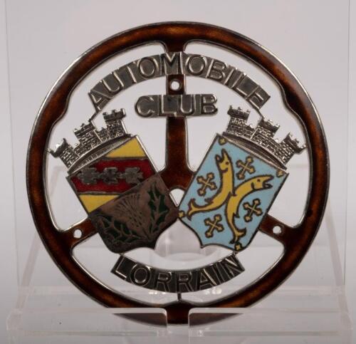 FRANCE: An Automobile Club Lorraine car badge with regional crests emblem to centre, mounting holes; 9 cm in diameter.