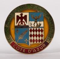 FRENCH RIVIERA: A fine detailed Cote D'Azur (French Riviera) badge with coat of arm to centre, mounting brackets, 7.5cm in diameter