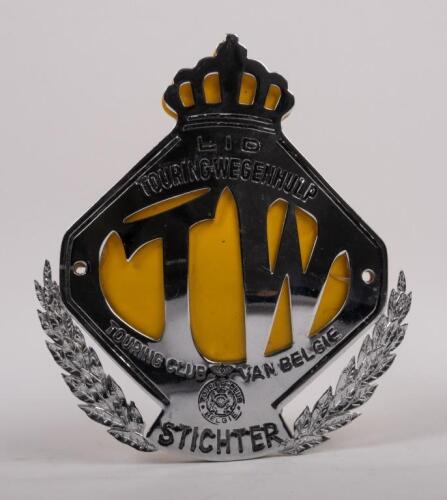 BELGIUM: A chrome Touring Club of Belgium badge with crown finial, yellow backplate, wreathed lower, mounting holes, 12cm high, 10cm wide