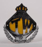 BELGIUM: A chrome Touring Club of Belgium badge with crown finial, yellow backplate, wreathed lower, mounting holes, 12cm high, 10cm wide