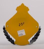 BELGIUM: A chrome Touring Club of Belgium badge with crown finial, yellow backplate, wreathed lower, mounting holes, 12cm high, 10cm wide - 2