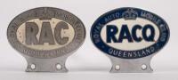 R.A.C: Two Royal Automobile Club of Queensland oval badges, with mounting holes, 7.5cm high, 9cm wide