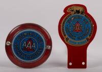 CALIFORNIA: Two Southern California Automobile Club - AAA badges, includes one round badge with plastic cover & mounting screws and one with adhesive cover