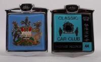 HONG KONG: Two modern Hong Kong related square badges with slot attachments, 9.5cm high, 7.5cm wide