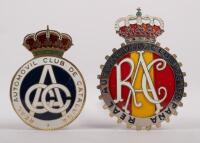 SPAIN: Two fine detailed Spanish related badges, includes a Real Automovil Club De Espana badge, cog design with crown finial and a Real Automovil Club De Cataluna badge with crown finial