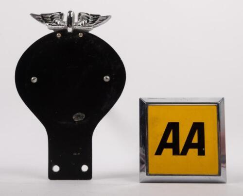 A.A: Two AA related badge items, includes a square AA badge, black lettering on yellow background and a winged finial thought to suit early AA badges fixed on plain mounting bracket