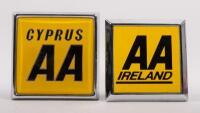 A.A EUROPE: Two European square AA badges, includes one badge from Ireland and one from Cyprus