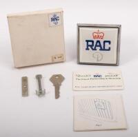 DAIMLER: An interesting square RAC badge with Daimler 'D' in original box containing instructions, RAC key and mounting bolts