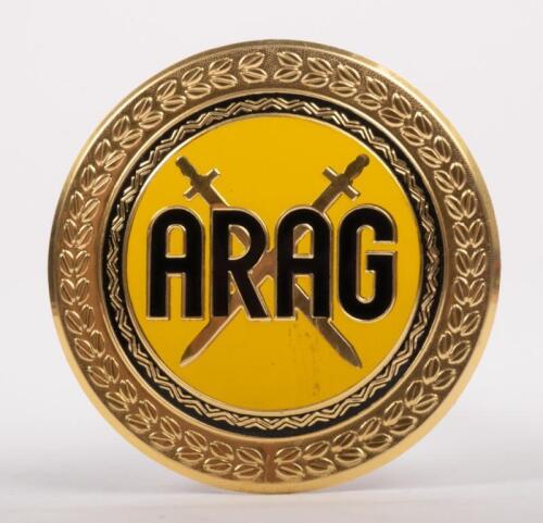 A.R.A.G: An ARAG (Allgemeine Rechtsschutzversicherungs Aktiengesellschaft) badge, 8 cm in diameter