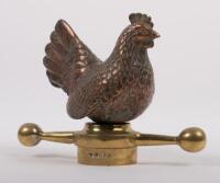 CAR MASCOT: A brass hen mascot affixed to brass dog bone radiator&nbsp;cap, 12cm high (mascot only)