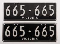 Six-Digit Victorian Custom Numeric plates '665.665', sold with rights to display [Location: Moorabbin, VIC]