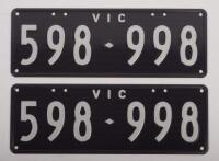 Six-Digit Victorian Custom Numeric plates '598.998', sold with rights to display [Location: Moorabbin, VIC]