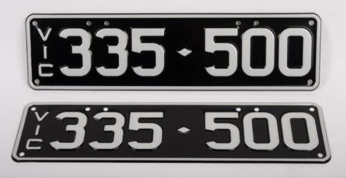 Six-Digit Victorian Custom Numeric plates '335.500', sold with rights to display [Location: Moorabbin, VIC]