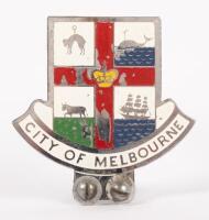 MELBOURNE: An early City of Melbourne chrome badge, 10cm high, 10cm wide, some loss of paint