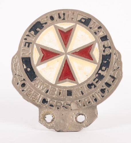 NSW AMBULANCE: An early New South Wales Ambulance Officers Vehicle car badge, 9.5cm high, 8.5cm wide