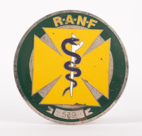 R.A.N.F: An enamel Royal Australian Nursing Federation members badge, numbered '539', 9cm in diameter