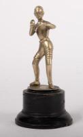 BOXING: A circa 1930s Boxing figural&nbsp;mascot badge on turned timber base (not affixed), approx 10.5cm high (mascot only)