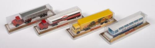 MAJORETTE: A group of four, 1:100 scale, Majorette Models, includes two transport trucks, a petrol tanker and an Air France passenger bus