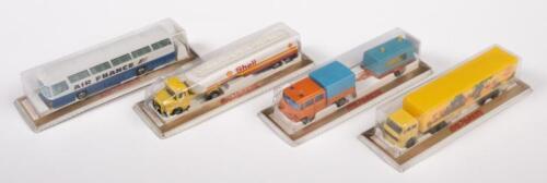 MAJORETTE: A group of four 1:100 scale Majorette models, includes Shell tanker truck, an Air France passenger bus, a Transfrigo transport truck, and a truck with trailer
