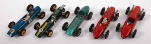 FORMULA 1: A group of five circa 1960s, Matchbox, 1:54 scale Formula 1 models, includes a B.R.M, two Ferrari's, a Lotus and a Aston Martin DBR 5