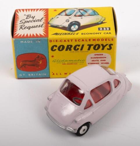 CORGI: A Corgi Toys circa early 1960s, Heinkel economy car (#233), light pink with red interior, in original box