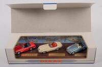 BRITISH: Three 1:43&nbsp;scale Dinky vehicles&nbsp;including a 1965 Triumph TR4A-IRS, 1967 Jaguar E Type MK 1 1/2, and a 1956 Austin Healey 100 BN2