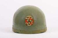PUDDING-BASIN HELMET: A circa 1950s Cromwell 'Douglas L.O.M' applied logo, pudding-basin&nbsp;helmet, with neck leather&nbsp;[Location: Melbourne] - 2