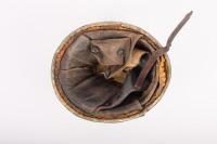 PUDDING-BASIN HELMET: A circa 1950s Cromwell 'Douglas L.O.M' applied logo, pudding-basin&nbsp;helmet, with neck leather&nbsp;[Location: Melbourne] - 4