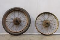 BSA WHEELS: Two motorcycle wheels believed to be a BSA Bantam and a BSA C11 250 (green) - 2